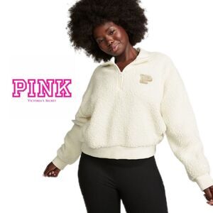 Victoria Secret's PINK Cream Sherpa 3/4 Zip Pullover With Varisty "P"